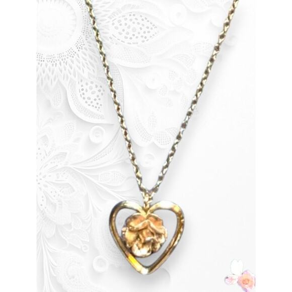 Krementz Jewelry - Vintage Krementz Heart Pendant Necklace Rose Floral Gold Filled 445